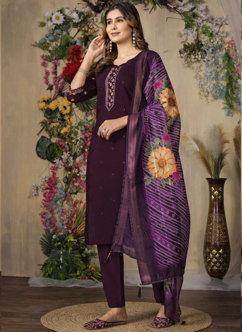 Wine Roman Silk Thread Embroidered Designer Kurta Set