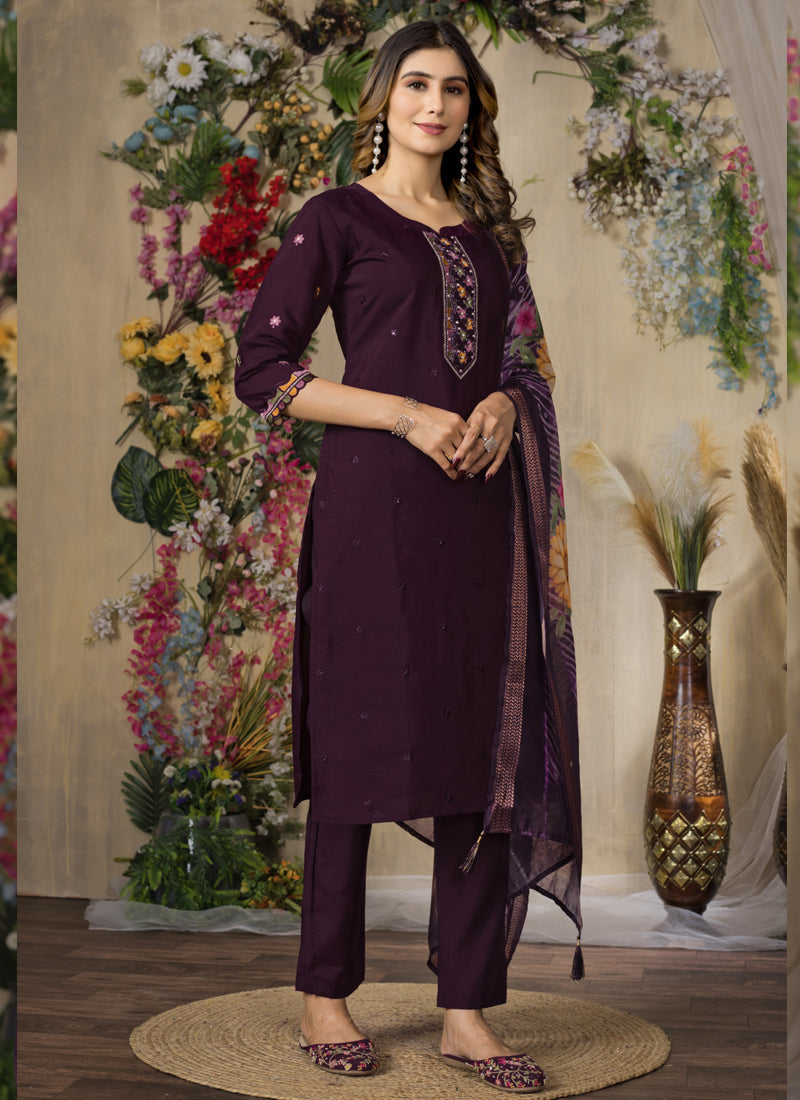 Wine Roman Silk Thread Embroidered Designer Kurta Set