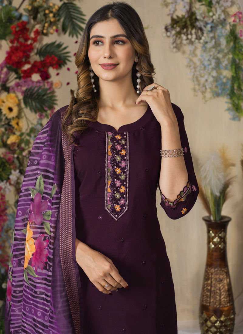 Wine Roman Silk Thread Embroidered Designer Kurta Set