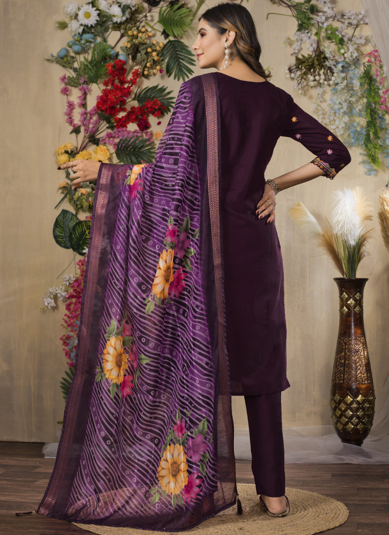 Wine Roman Silk Thread Embroidered Designer Kurta Set