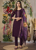 Wine colored Roman Silk Kurta Set with intricate thread embroidery