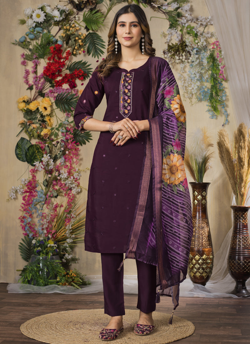 Wine colored Roman Silk Kurta Set with intricate thread embroidery
