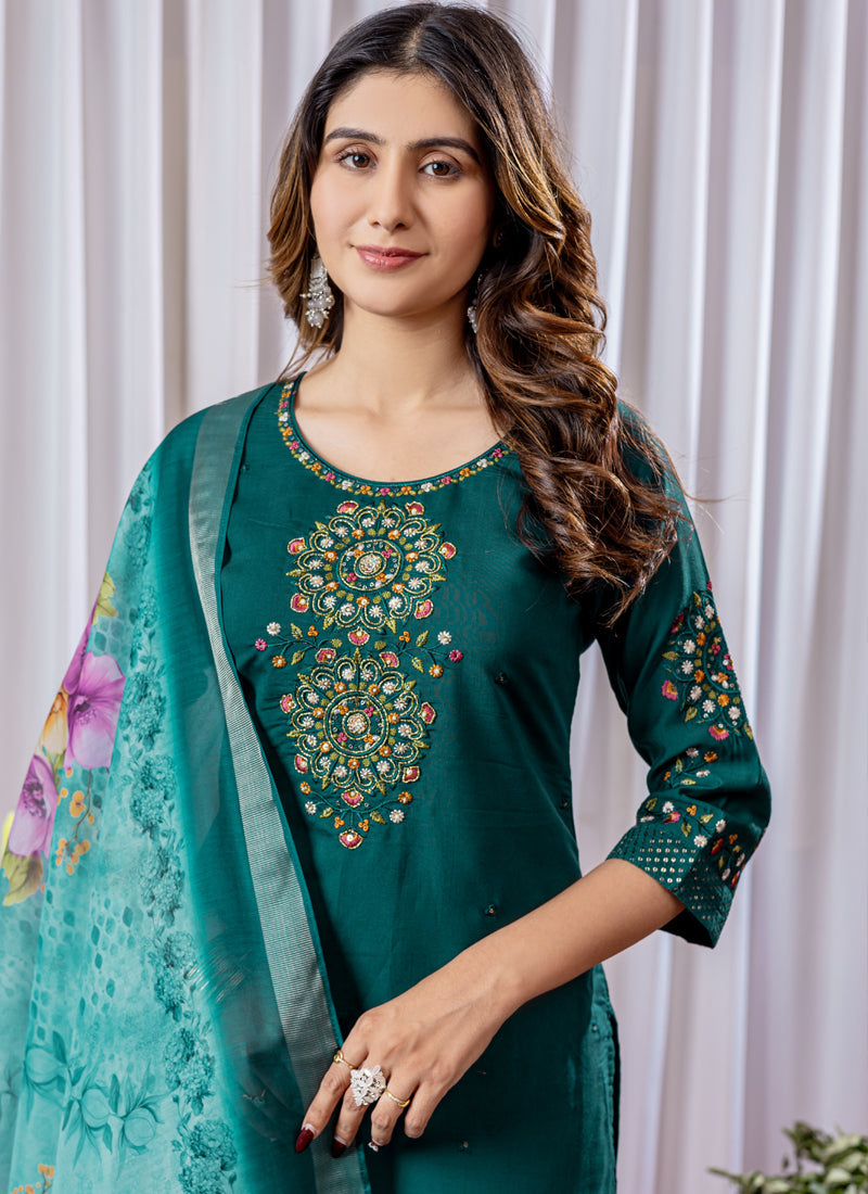 Prazu Fashion Rama Green Viscose Silk Thread Embroidered Designer Kurta Set