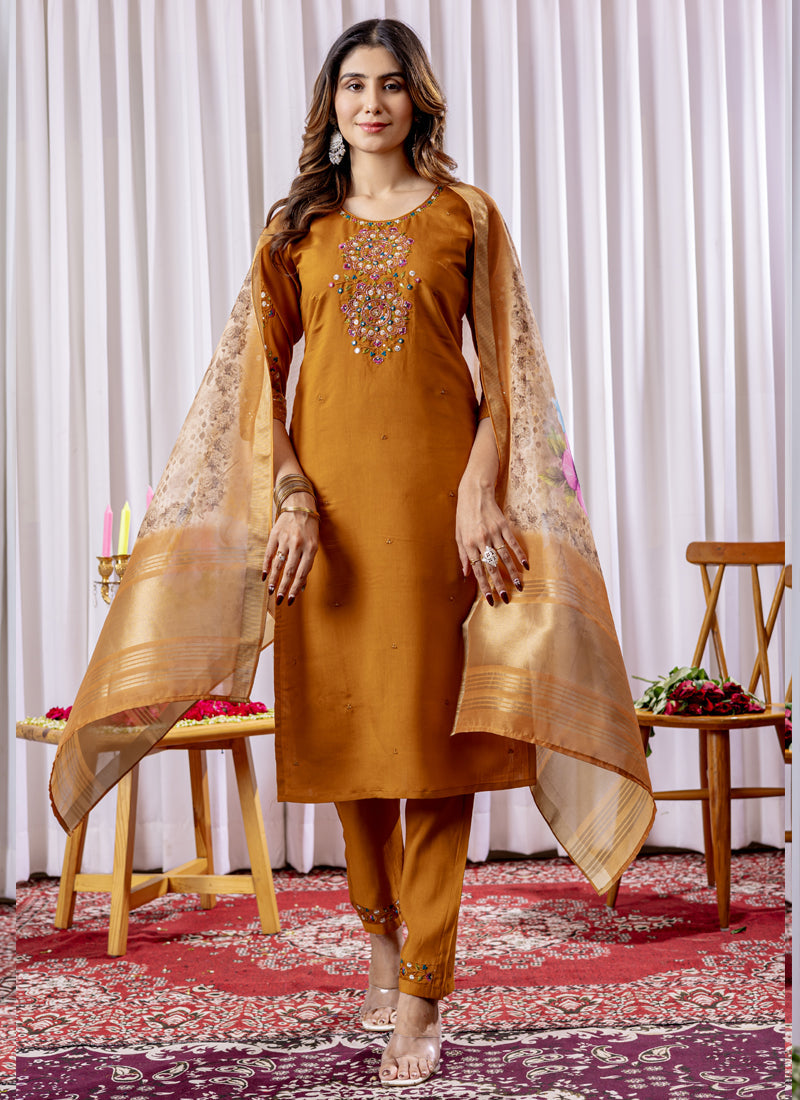 Mustard Viscose Silk Thread Embroidered Designer Kurta Set