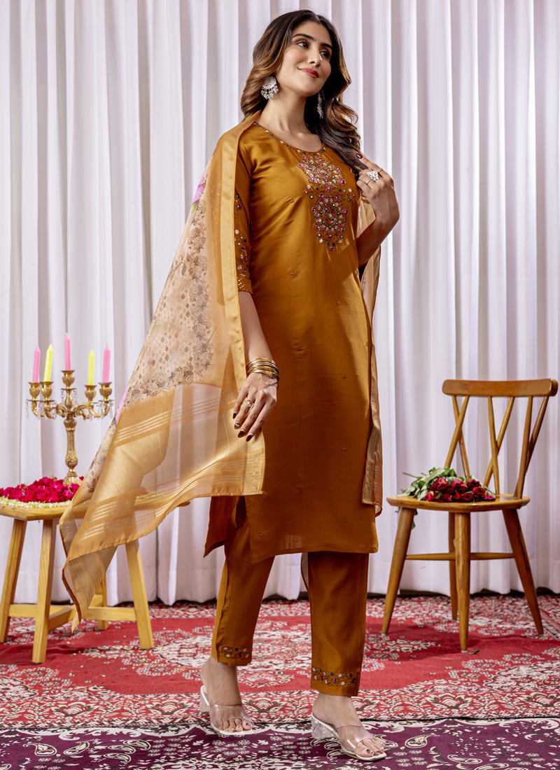 Mustard Viscose Silk Thread Embroidered Designer Kurta Set