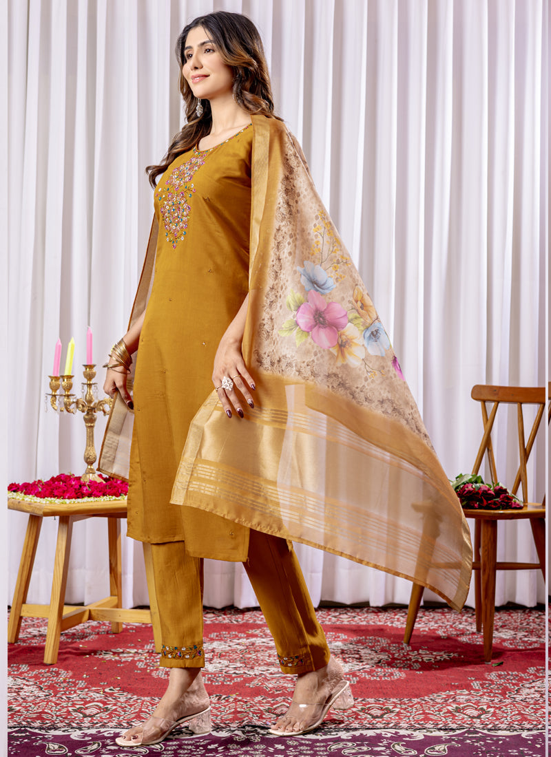 Mustard Viscose Silk Thread Embroidered Designer Kurta Set