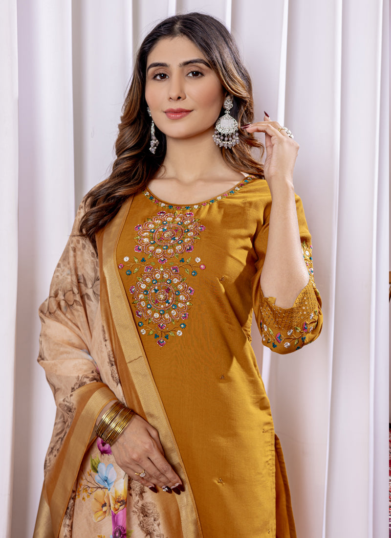 Mustard Viscose Silk Thread Embroidered Designer Kurta Set