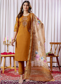 Mustard Viscose Silk Kurta Set with intricate thread work