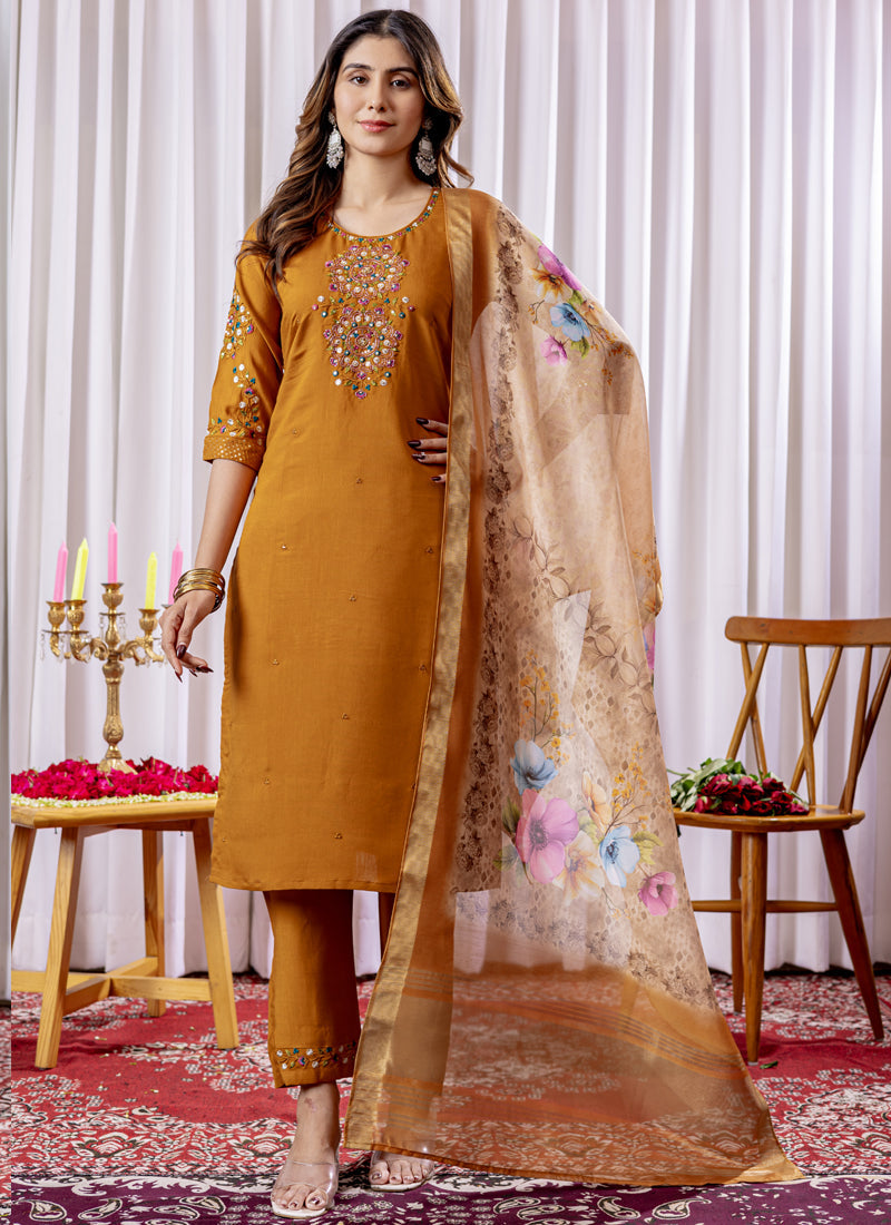 Mustard Viscose Silk Kurta Set with intricate thread work