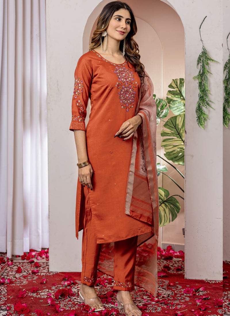 Prazu Fashion Orange Viscose Silk Thread Embroidered Designer Kurta Set
