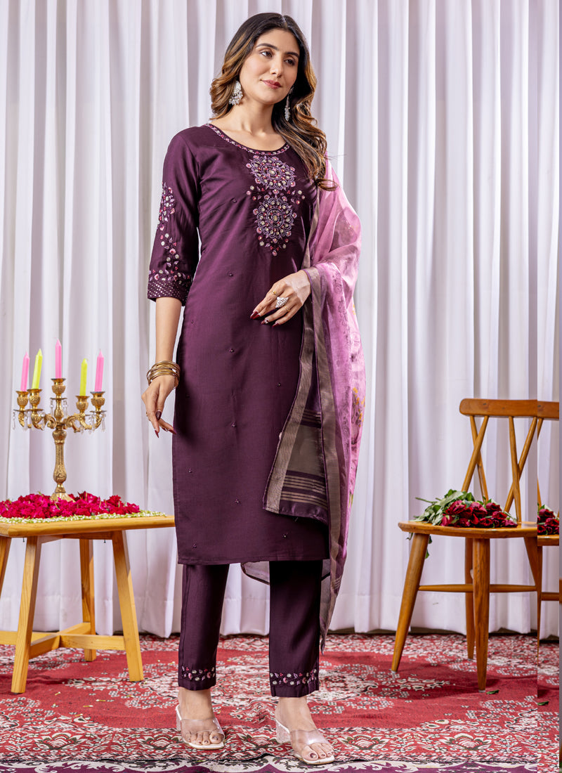 Prazu Fashion Wine Viscose Silk Thread Embroidered Designer Kurta Set