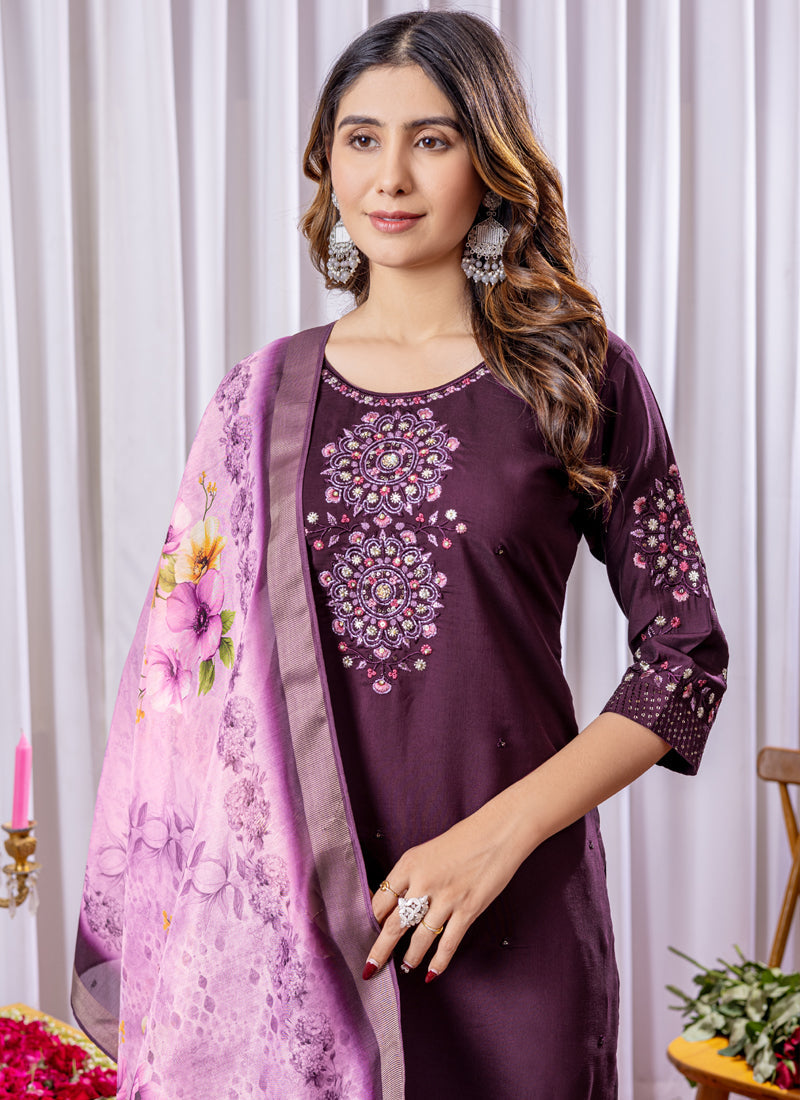 Prazu Fashion Wine Viscose Silk Thread Embroidered Designer Kurta Set