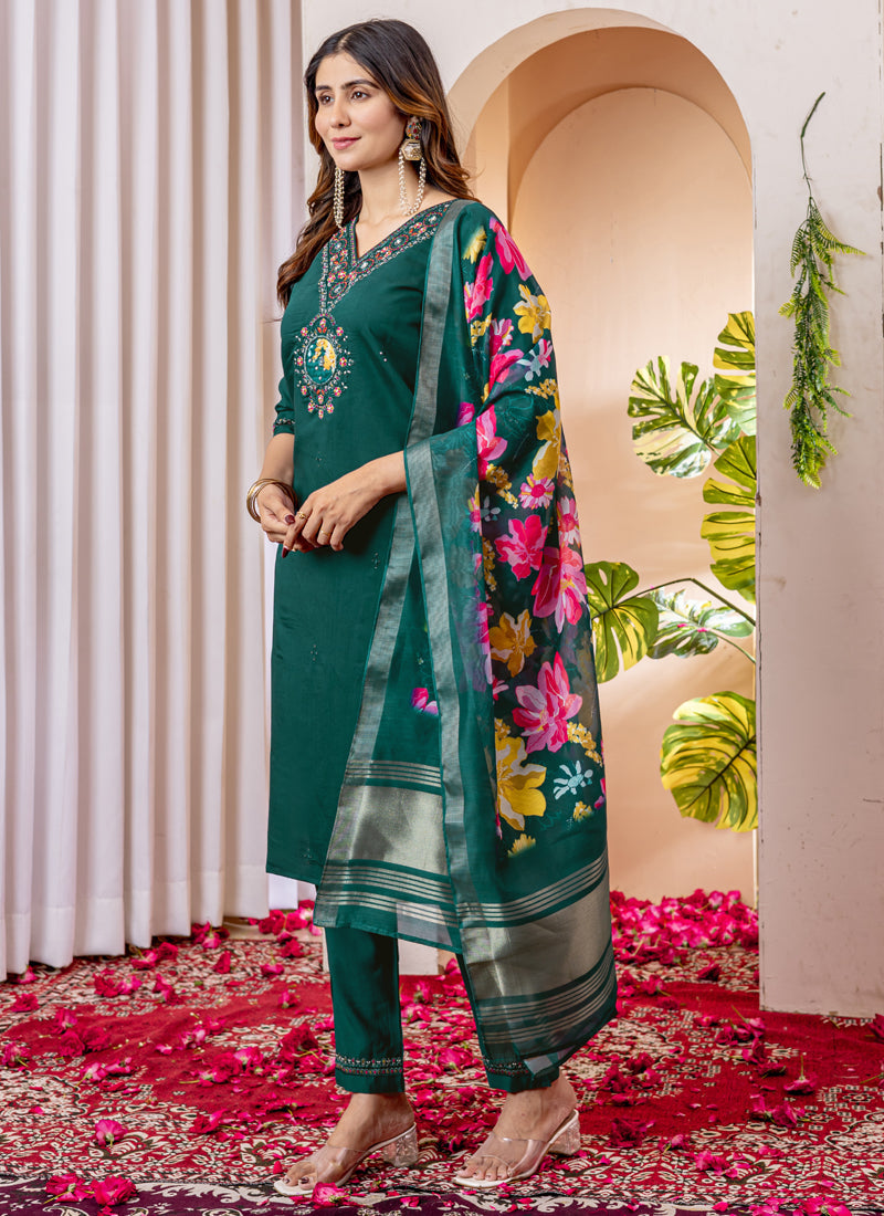 Prazu Fashion Green Viscose Silk Thread Embroidered Designer Kurta Set