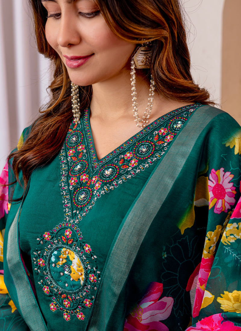 Prazu Fashion Green Viscose Silk Thread Embroidered Designer Kurta Set