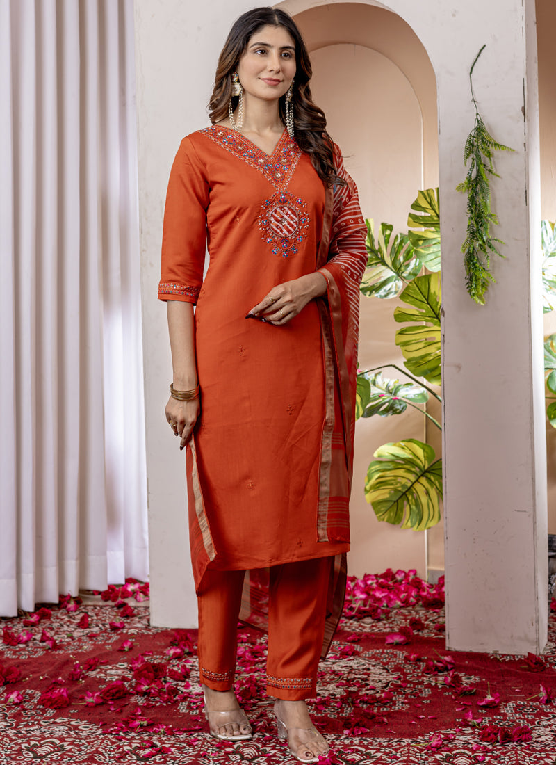 Orange Viscose Silk Thread Embroidered Designer Kurta Set