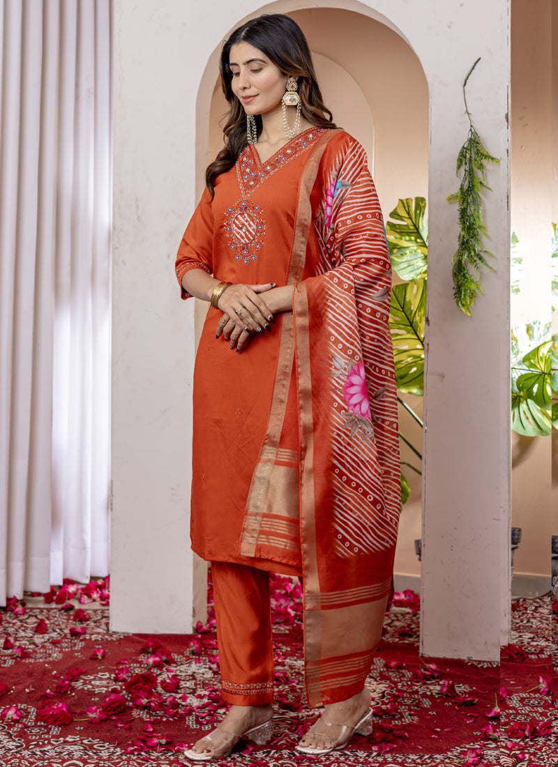 Orange Viscose Silk Thread Embroidered Designer Kurta Set