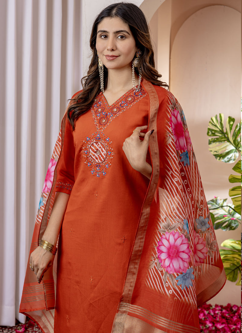 Orange Viscose Silk Thread Embroidered Designer Kurta Set