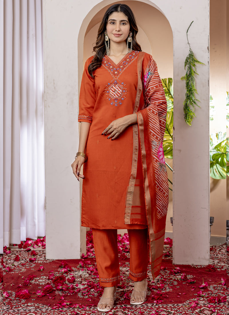 Orange Marina Viscose Silk kurta set with elegant multi-color thread embroidery and hand-work
