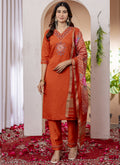 Orange Marina Viscose Silk kurta set with elegant multi-color thread embroidery and hand-work