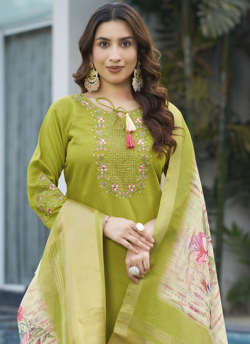 Parrot Green Viscose Silk Embroidered Designer Kurta Set