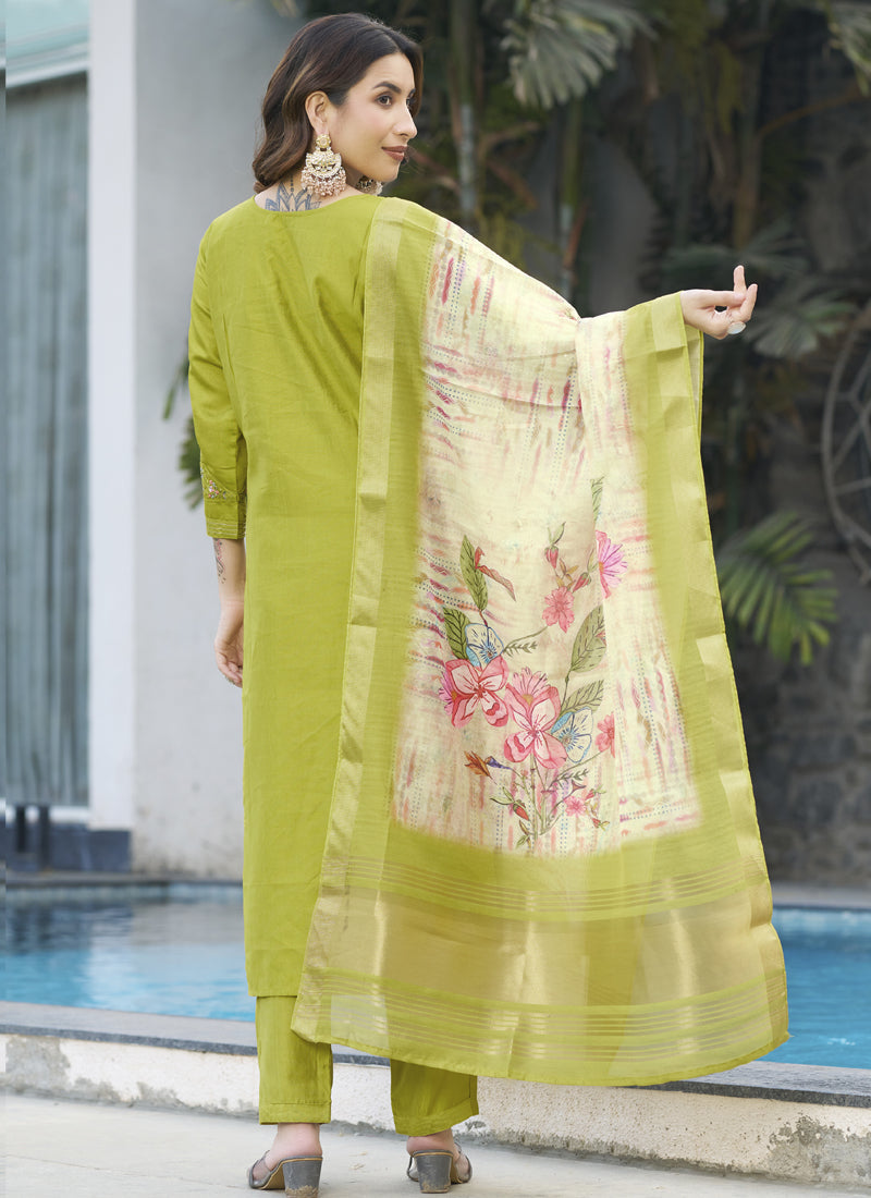 Parrot Green Viscose Silk Embroidered Designer Kurta Set