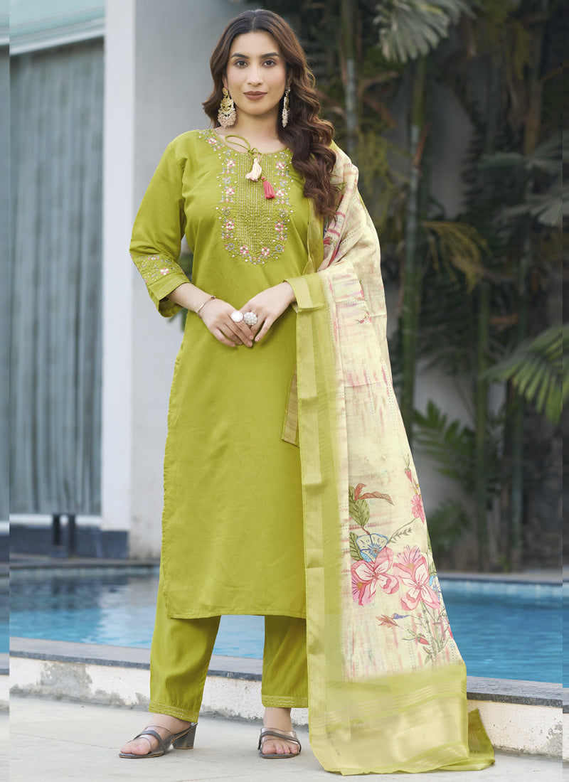 Parrot Green Viscose Silk Kurta with multi-thread embroidery and hand-work details