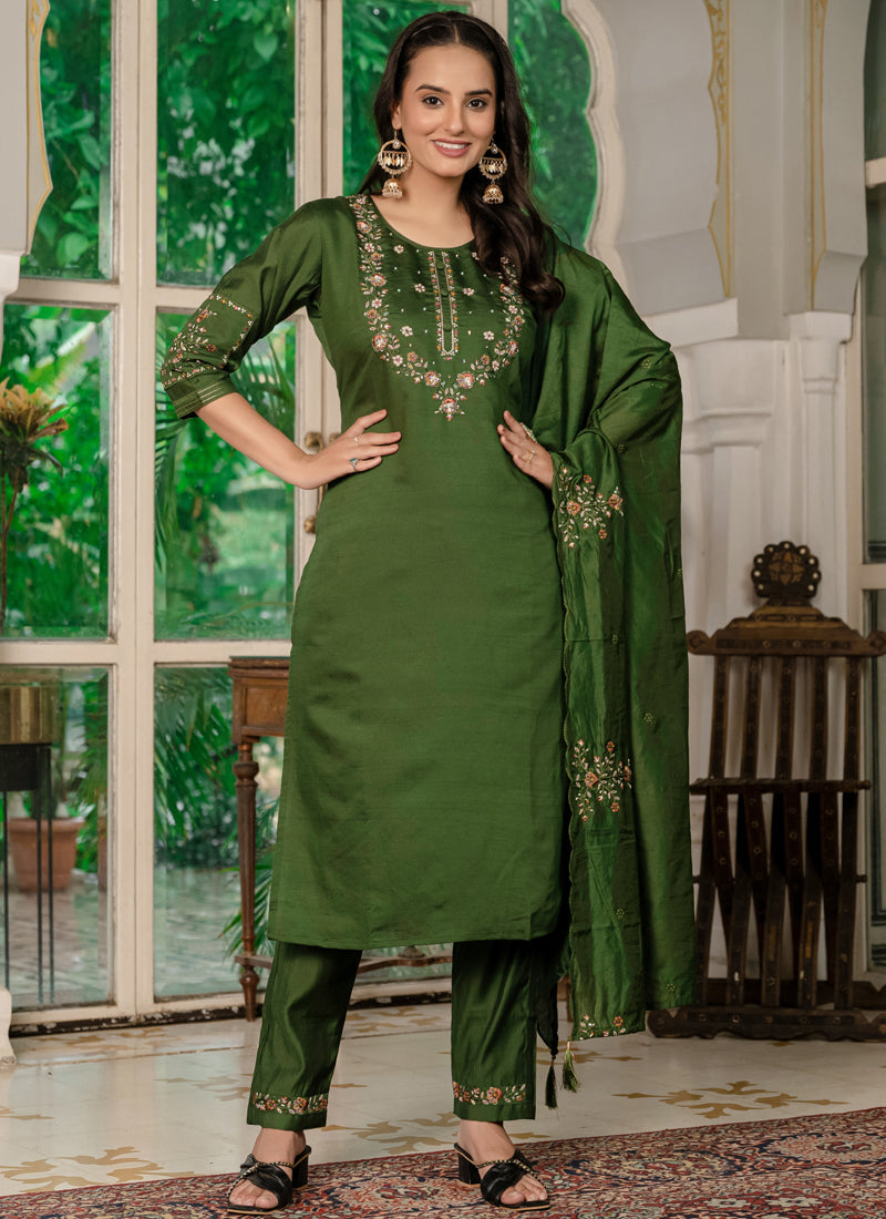 Prazu Fashion Mehendi Marina Silk Thread Embroidered Designer Kurta Set