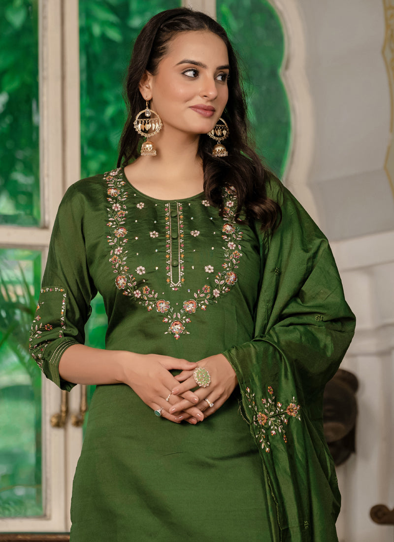 Prazu Fashion Mehendi Marina Silk Thread Embroidered Designer Kurta Set
