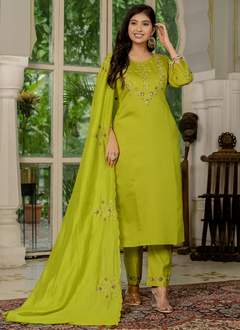 Parrot Green Marina Silk Kurta set with intricate thread embroidery and hand-worked details
