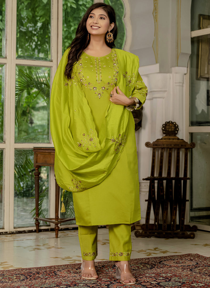 Parrot Green Marina Silk Embroidered Designer Kurta Set