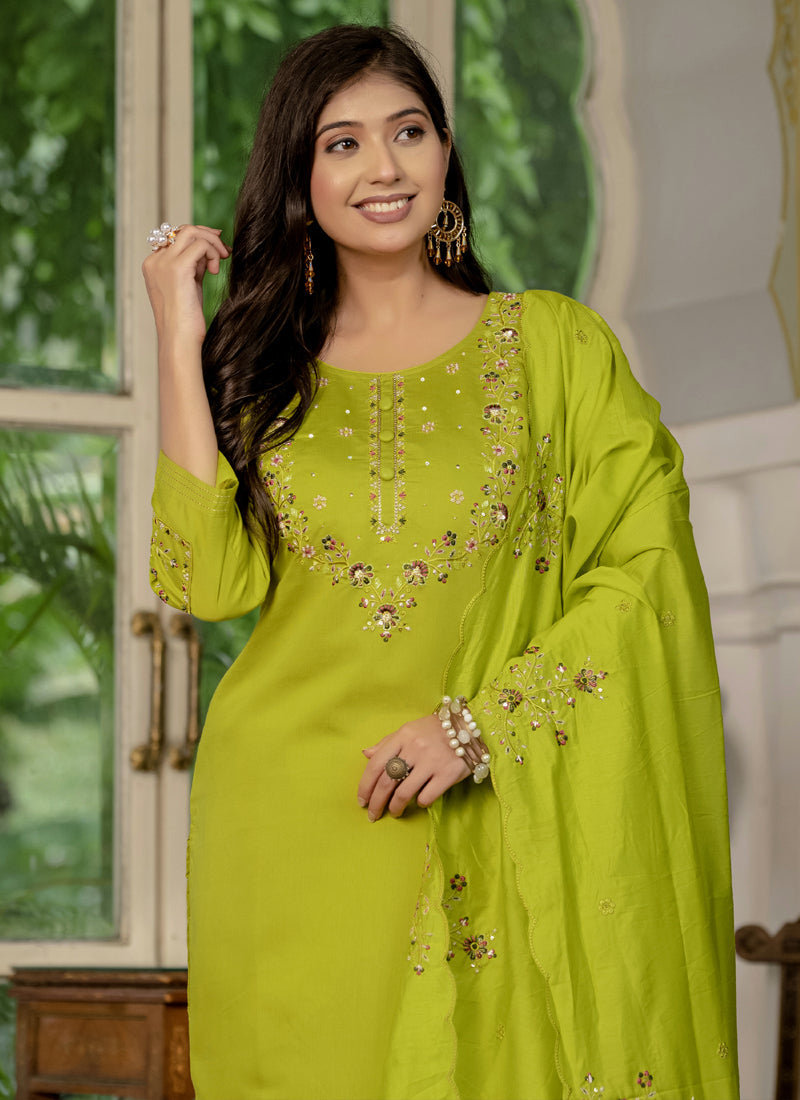 Parrot Green Marina Silk Embroidered Designer Kurta Set