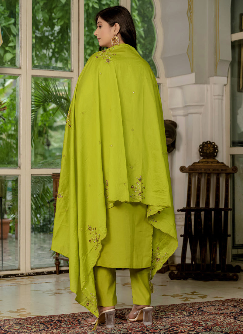Parrot Green Marina Silk Embroidered Designer Kurta Set