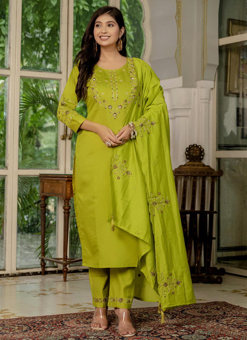 Parrot Green Marina Silk Embroidered Designer Kurta Set