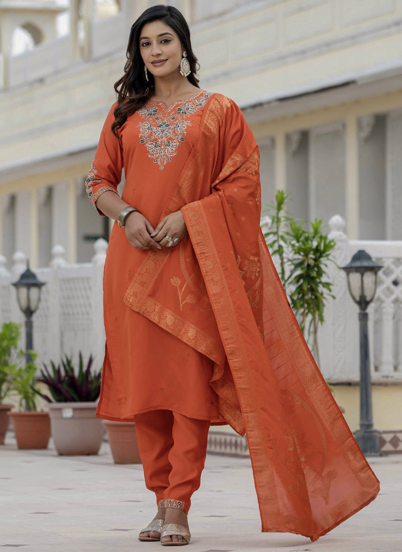 Prazu Fashion Orange Roman Silk Embroidered Sequence Designer Kurta Set