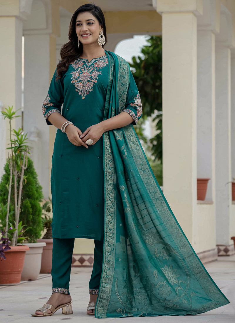 Rama Green Roman Silk Kurta Set with Embroidered Sequins Work