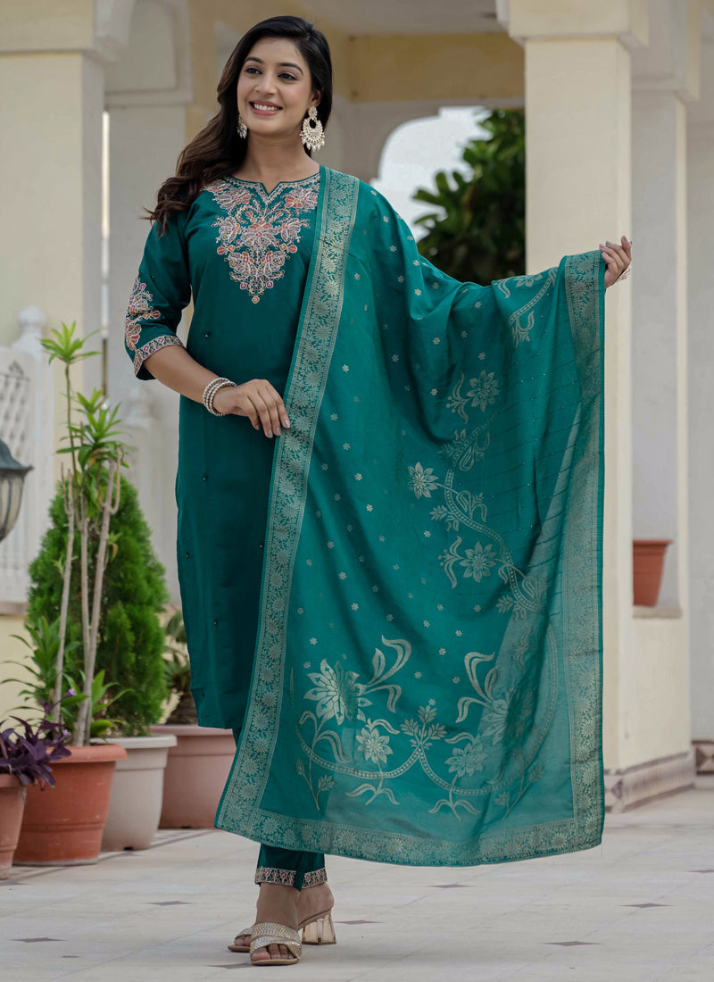 Rama Green Roman Silk Kurta Set with Embroidered Sequins Work