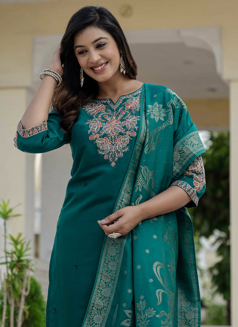 Rama Green Roman Silk Kurta Set with Embroidered Sequins Work