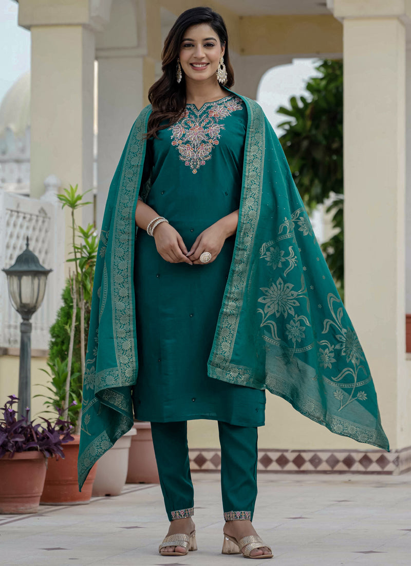 Rama Green Roman Silk designer kurta set with detailed embroidery and sequins