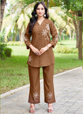 Prazu Fashion Brown Pink Rayon Multi Embroidery Thread Work Co-Ords Set