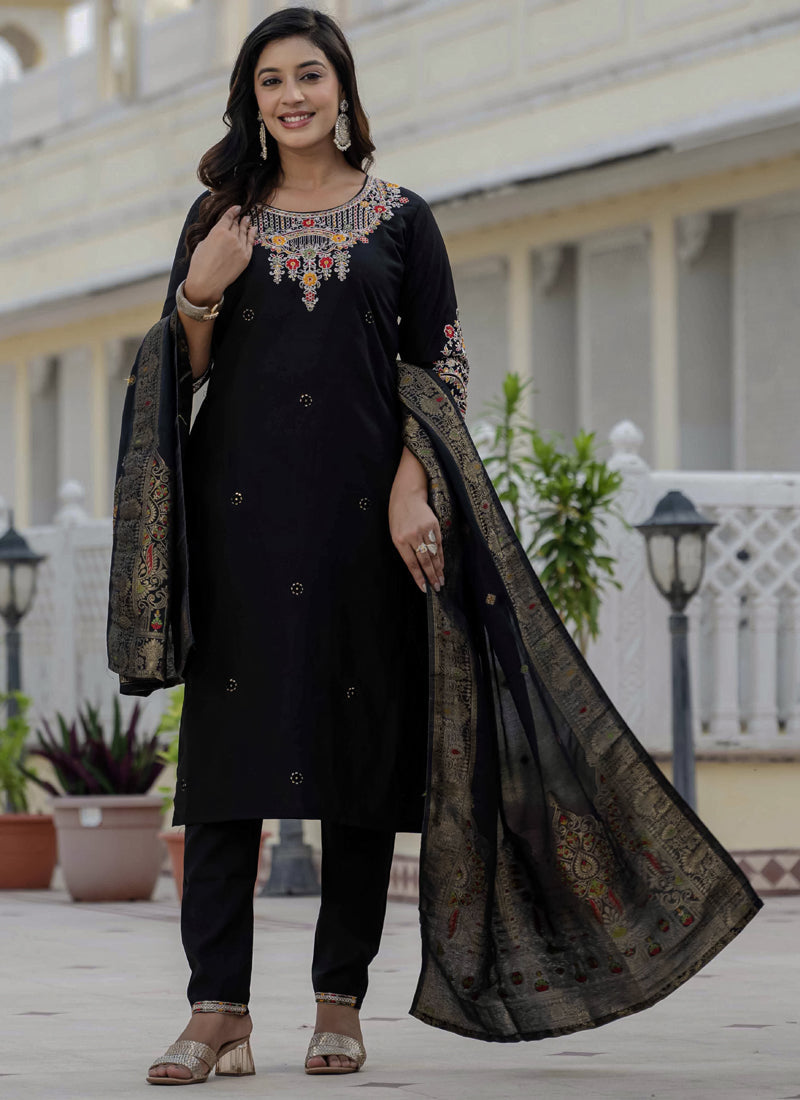 Black Roman Silk Designer Kurta Set with Coding Embroidery & Sequins