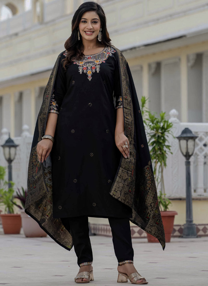 Black Roman Silk Designer Kurta Set with Coding Embroidery & Sequins