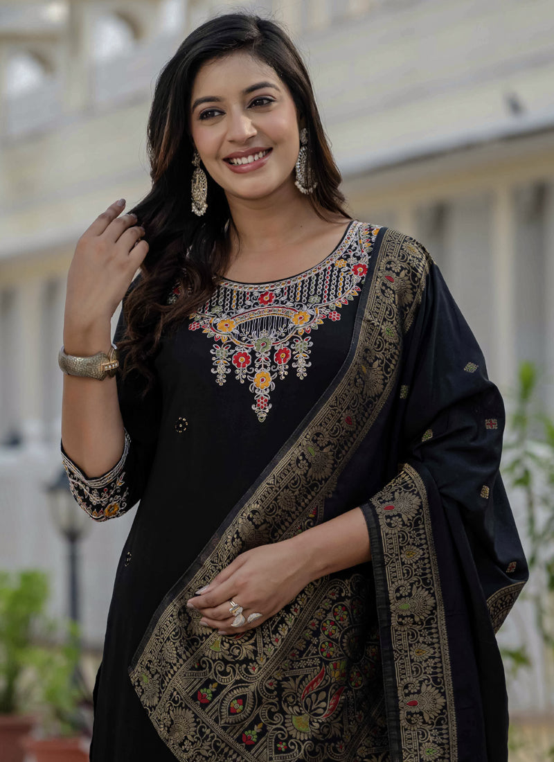 Black Roman Silk Designer Kurta Set with Coding Embroidery & Sequins