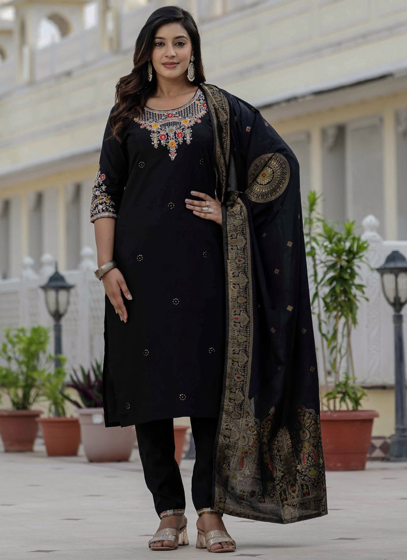 Black Premium Roman Silk kurta set with intricate coding embroidery and sequin details