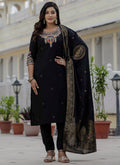 Black Premium Roman Silk kurta set with intricate coding embroidery and sequin details
