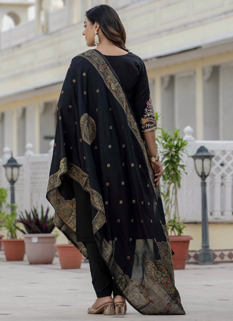 Black Roman Silk Designer Kurta Set with Coding Embroidery & Sequins
