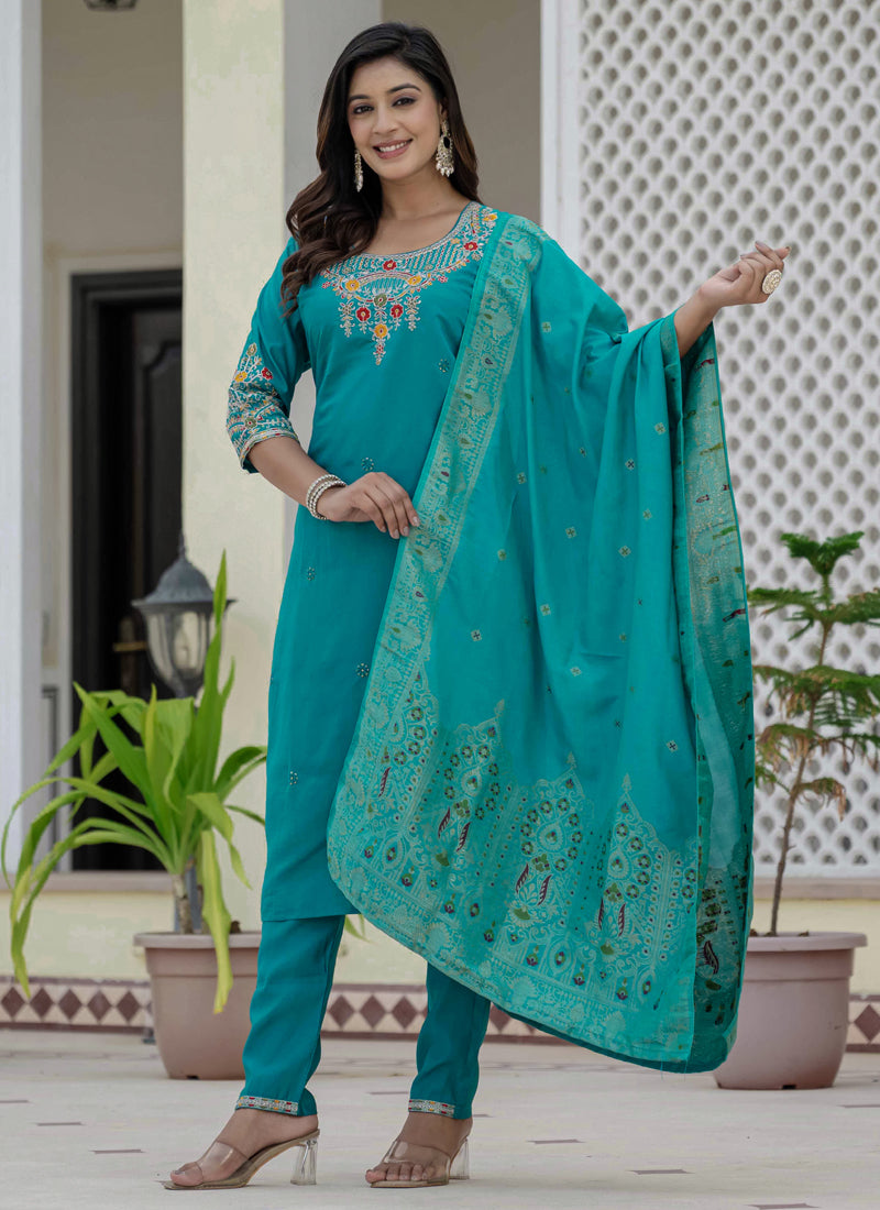Firozi Roman Silk Kurta Set with detailed coding embroidery and sequin embellishments