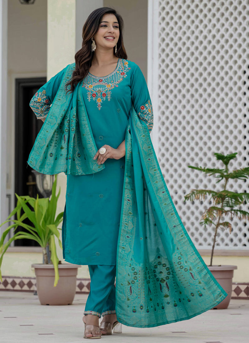 Firozi Roman Silk Kurta Set with Embroidered Sequins Designer Work