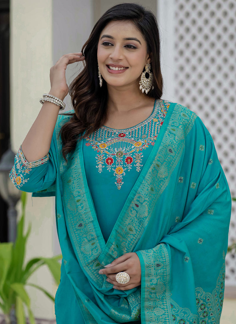 Firozi Roman Silk Kurta Set with Embroidered Sequins Designer Work