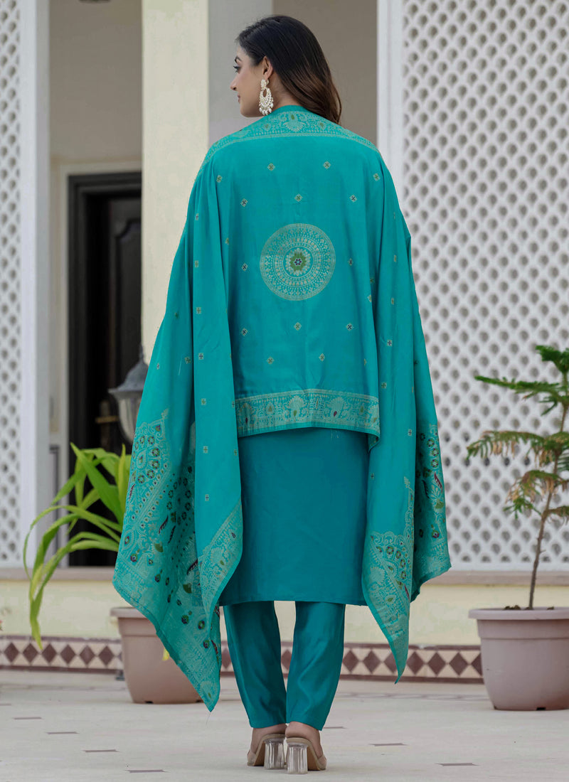 Firozi Roman Silk Kurta Set with Embroidered Sequins Designer Work