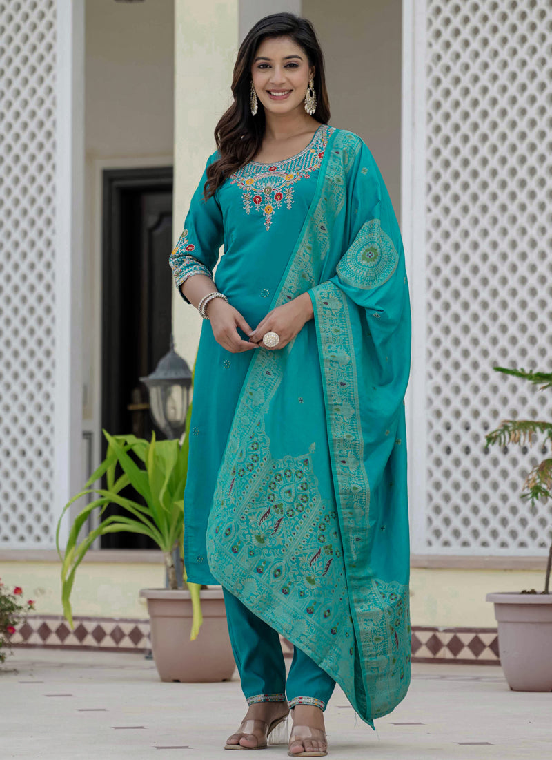 Firozi Roman Silk Kurta Set with Embroidered Sequins Designer Work